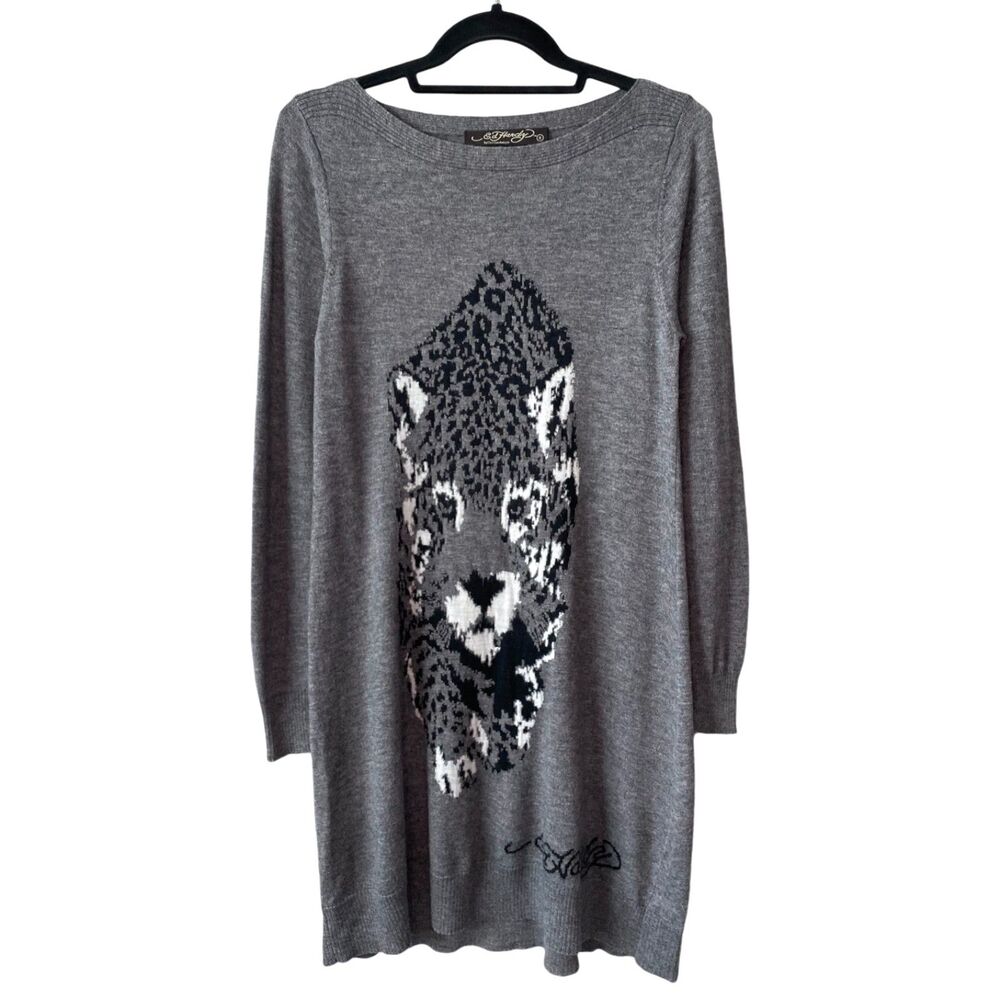Ed Hardy Christian Audigier Cashmere Wool Blend Sweater Dress Gray